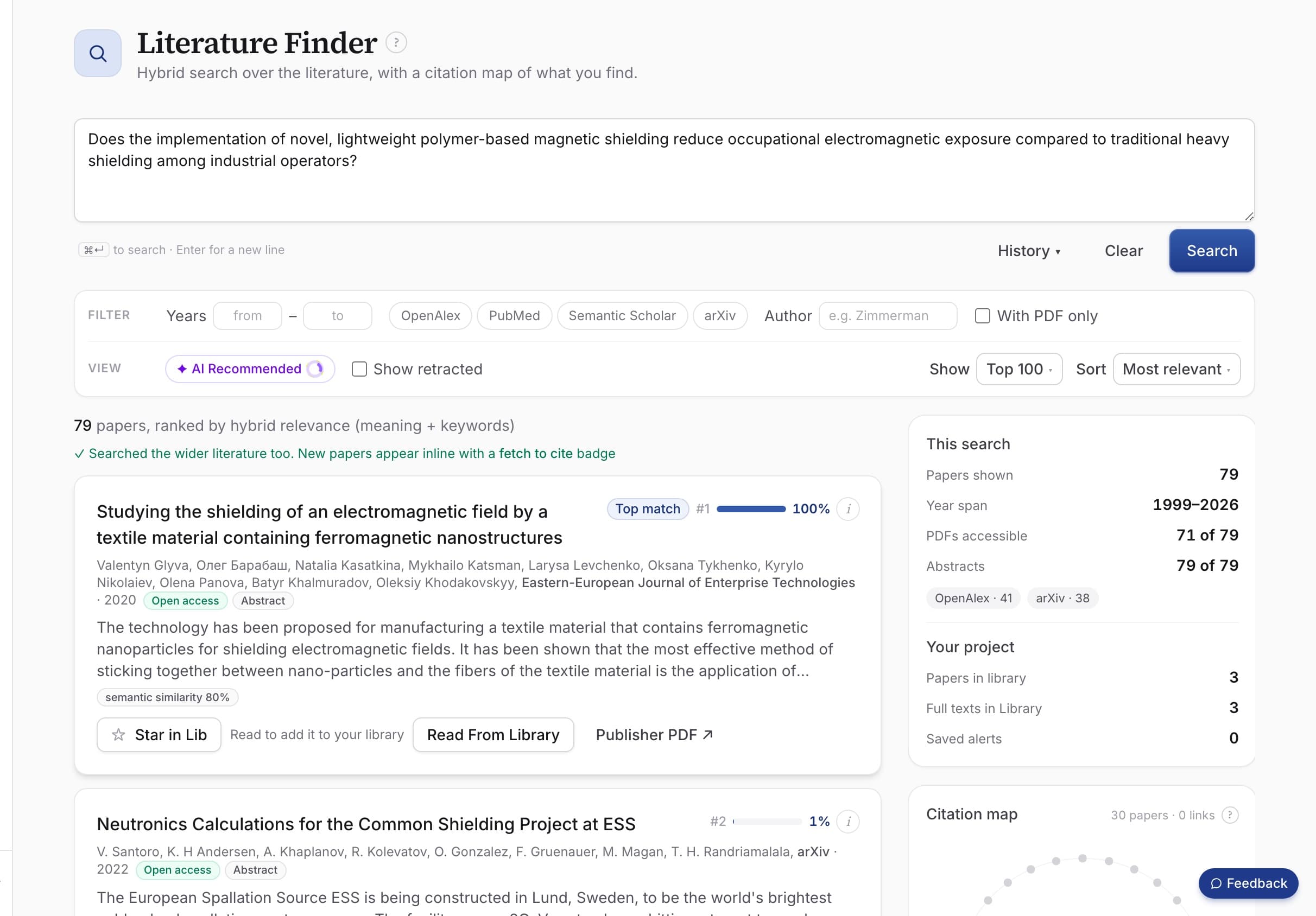 The Literature Finder screen: a research question searched across the live literature, 79 ranked papers with open-access badges, filters, and a citation map panel