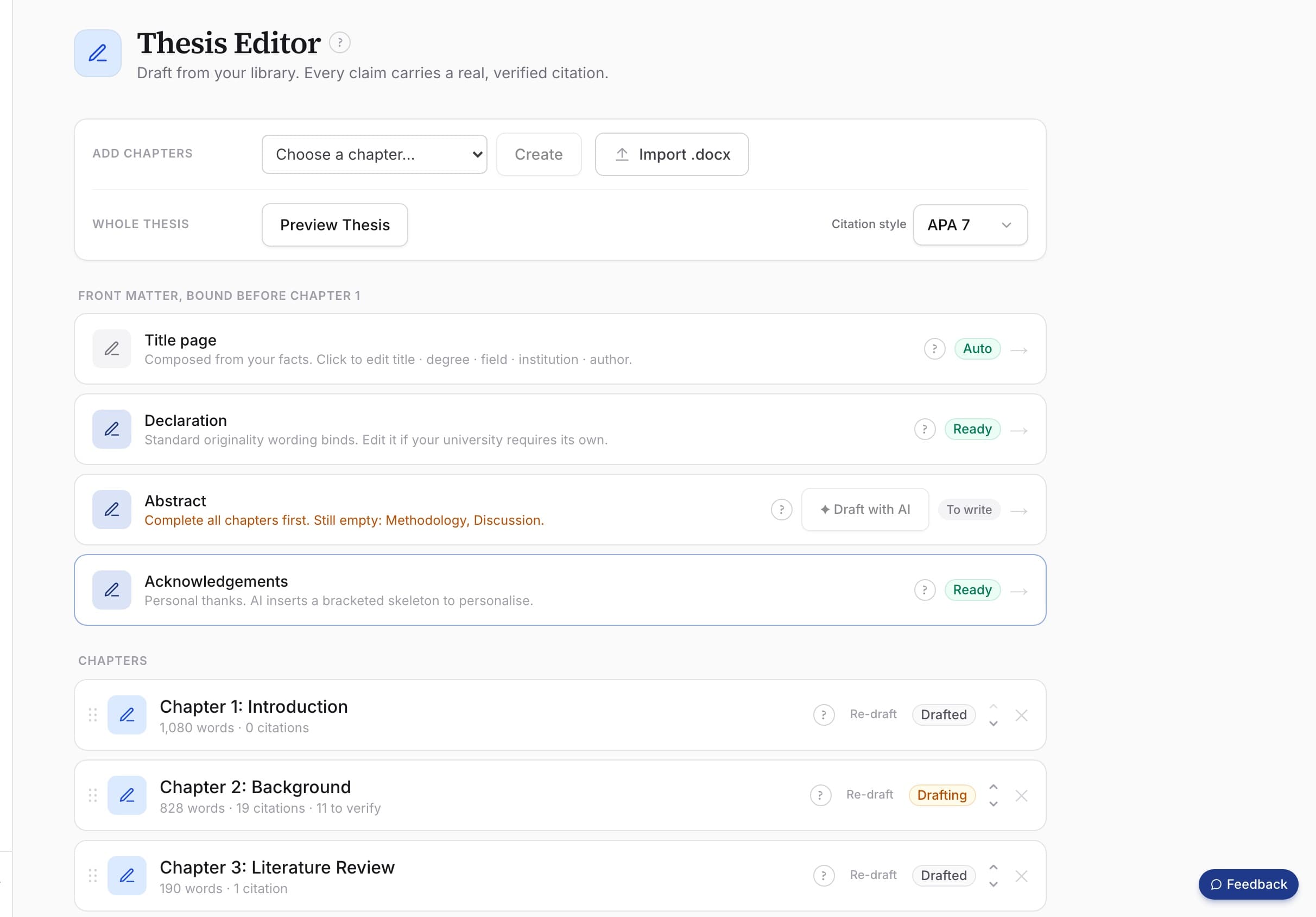 The Thesis Editor screen: thesis chapters with word counts, citation counts, verification status, and front matter sections ready to draft